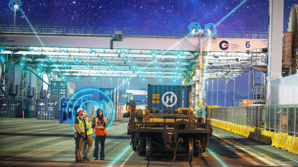 workers at a container terminal surrounded by blue line and circles depicting mi-stars accutrack zone protection software