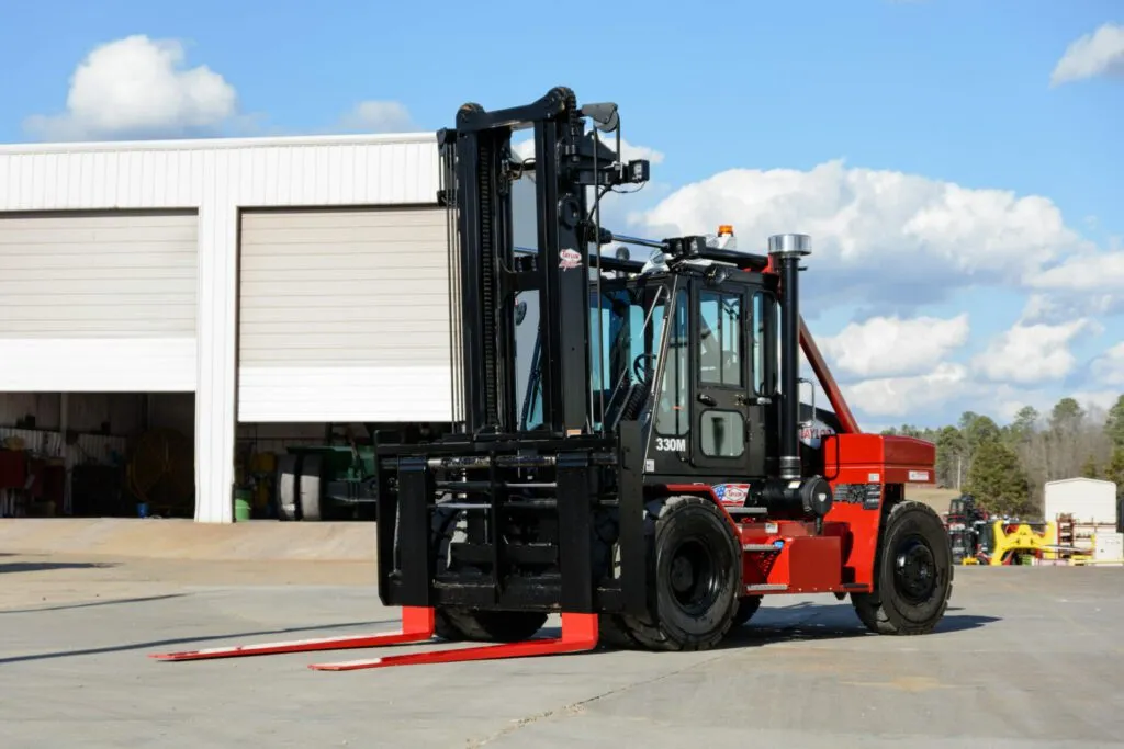 the back of a red taylor x-330m heavy duty forklift