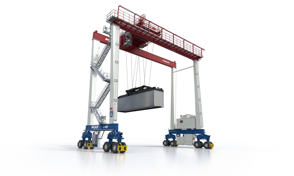 A cutout of a Mi-Jack MJjl1400p translift crane lifting a shipping container