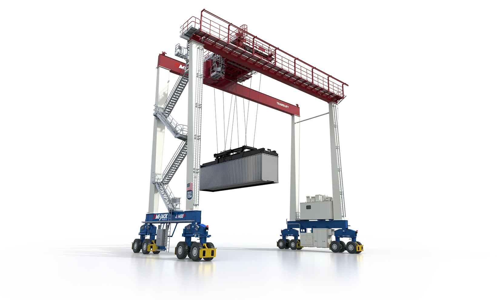 A cutout of a Mi-Jack MJjl1400p translift crane lifting a shipping container