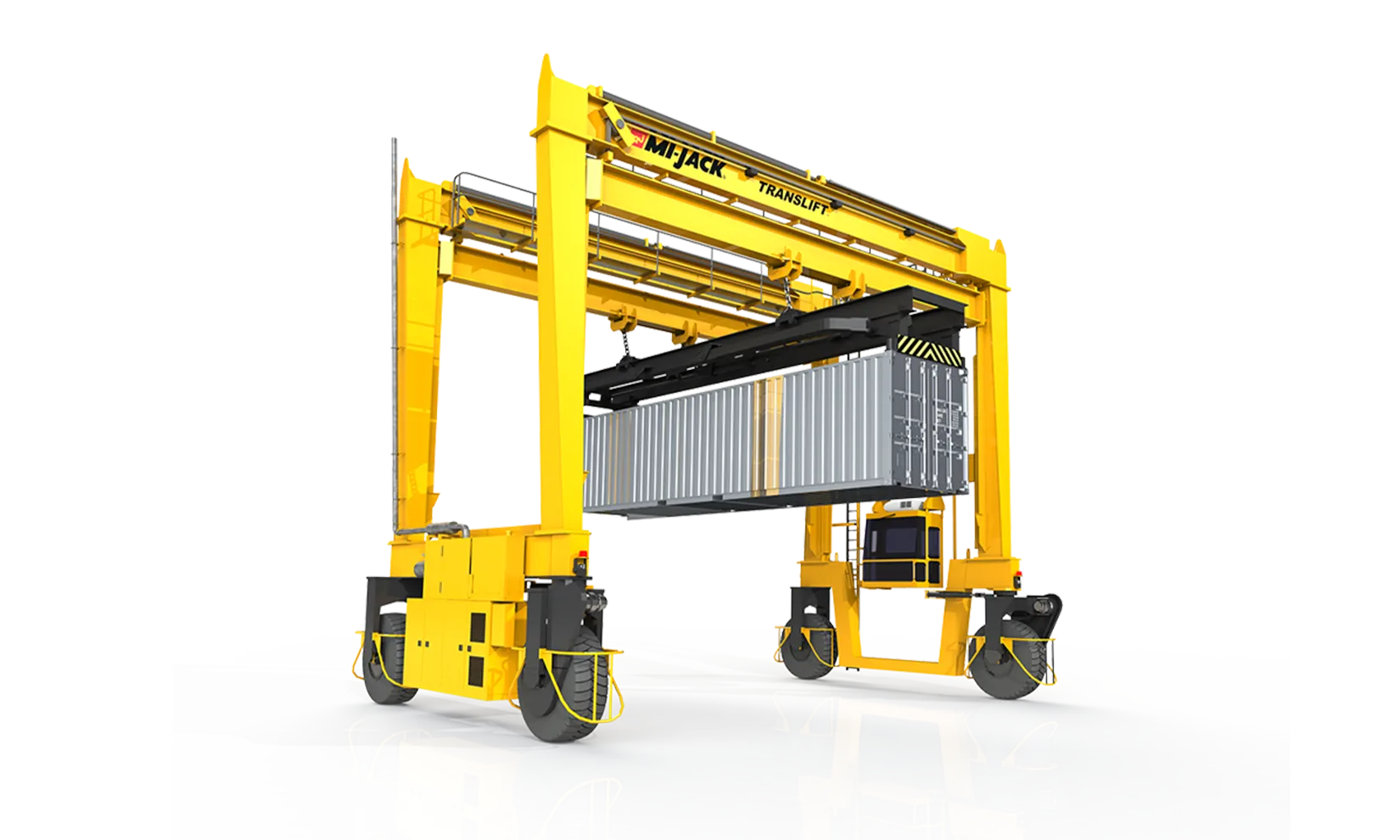 a cutout of a Mi-Jack 1200R translift rtg crane lifting a shipping container