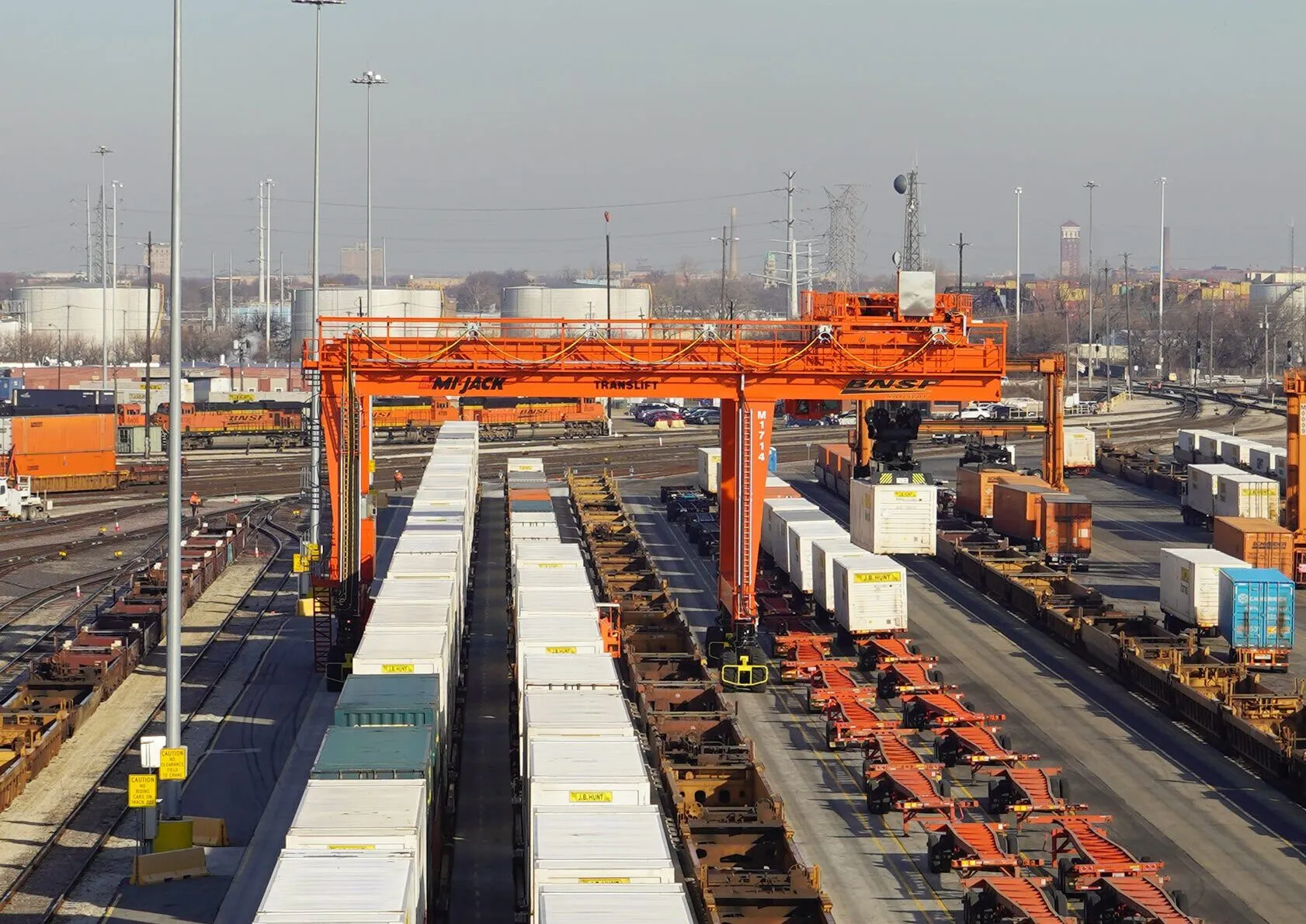A Mi-Jack Translift RTG on-site at a BNSF terminal