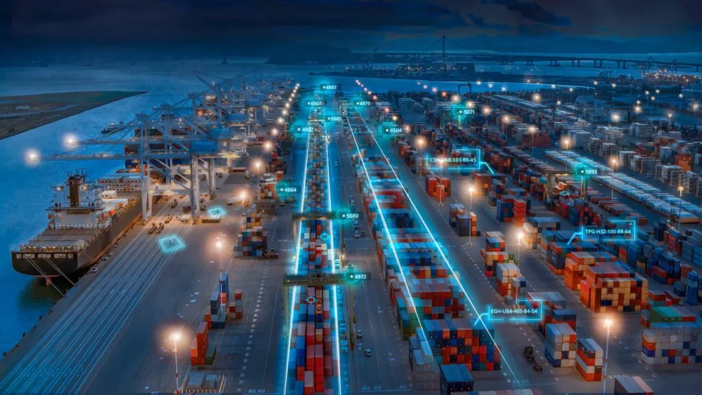 a digitized rendering of a container terminal using blue lines and numbers to depict automated software