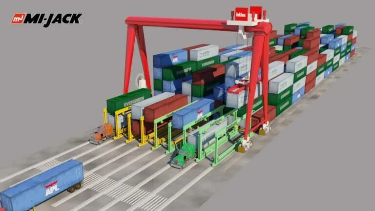 a render of mi-jack's pathfinder system being used with overhead gantry crane