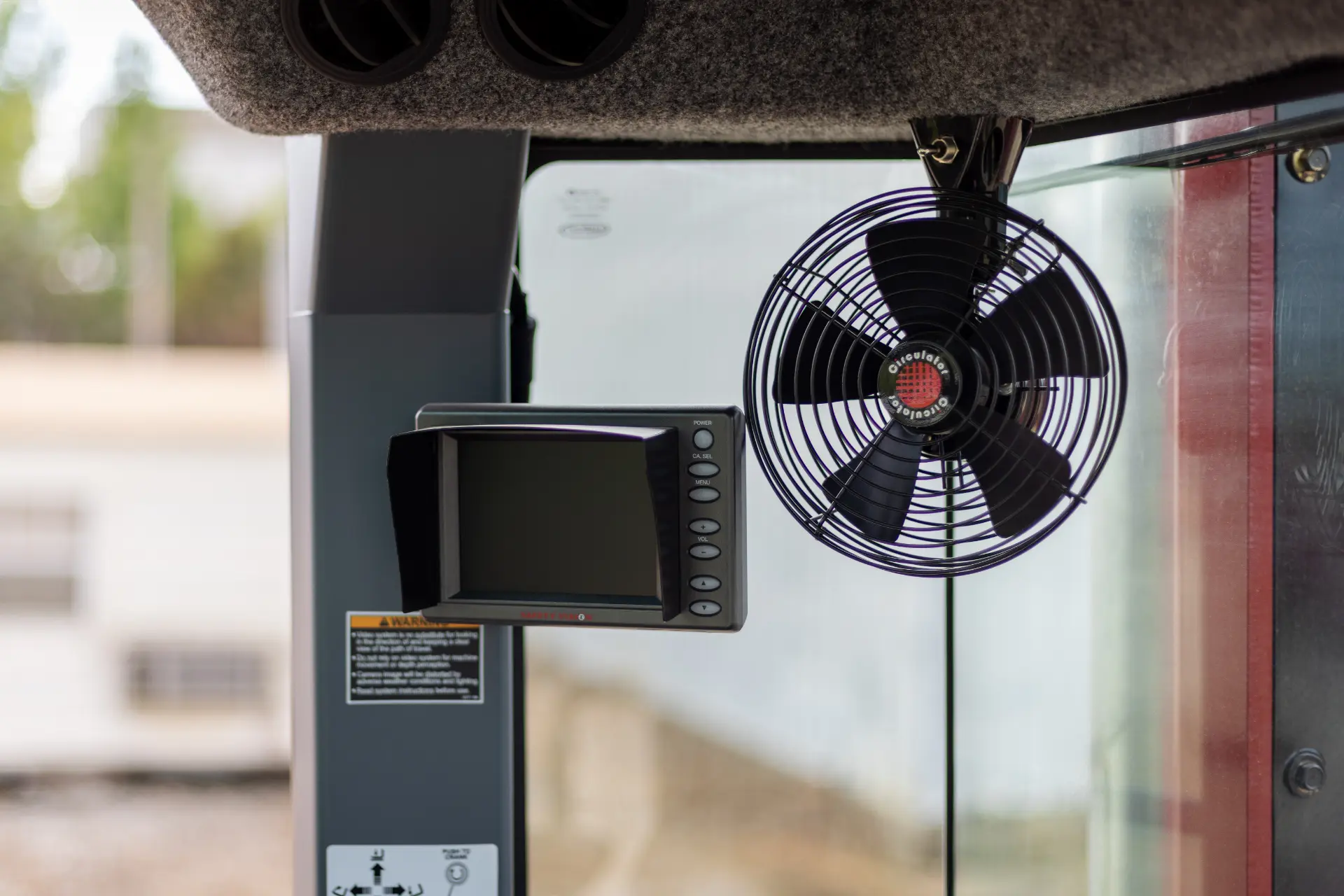 taylor forklift interior view of backup camera and fan