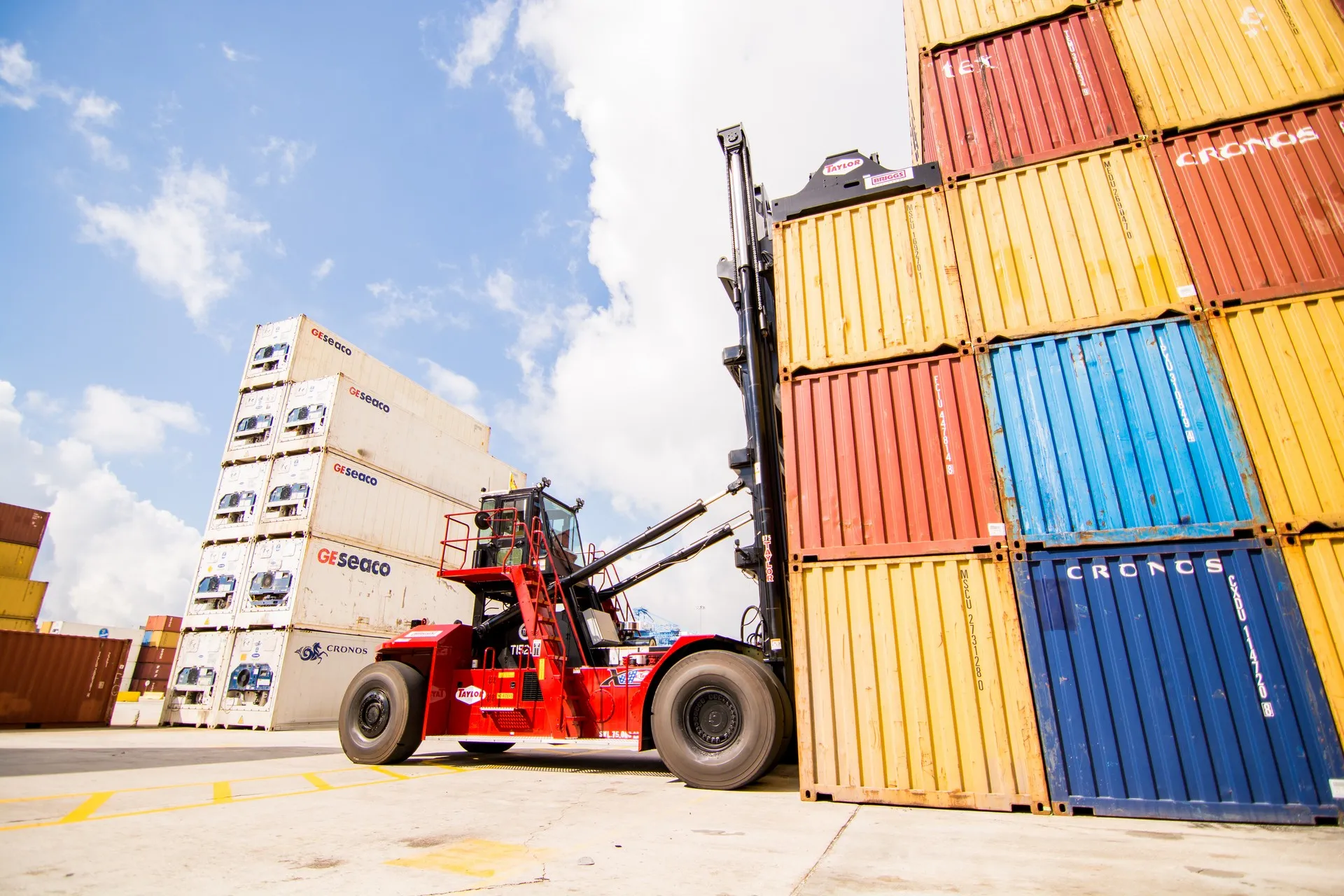 red taylor xlc-975 container handler next to stacked containers